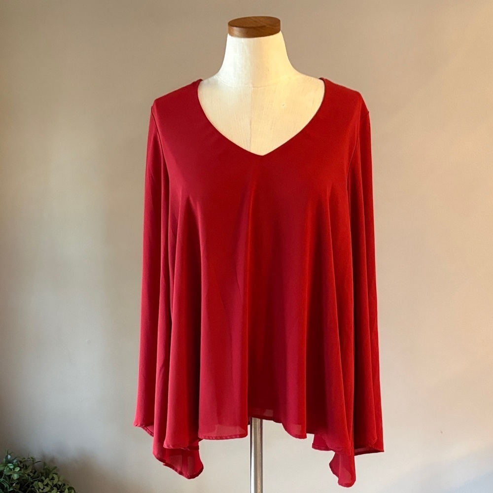 Karen Kane Flowing Redish burgundy V-Neck Blouse long bell sleeves double layer